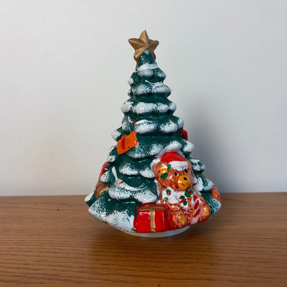 Vintage Hand Painted Ceramic Musical Christmas Tree Jingle Bells Teddy Bear